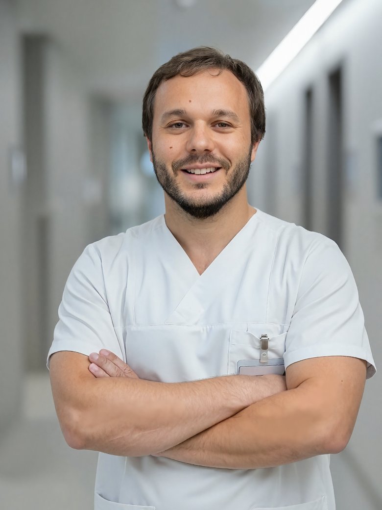 David Miranda, infirmier, en tenue professionnelle dans un couloir d’hôpital